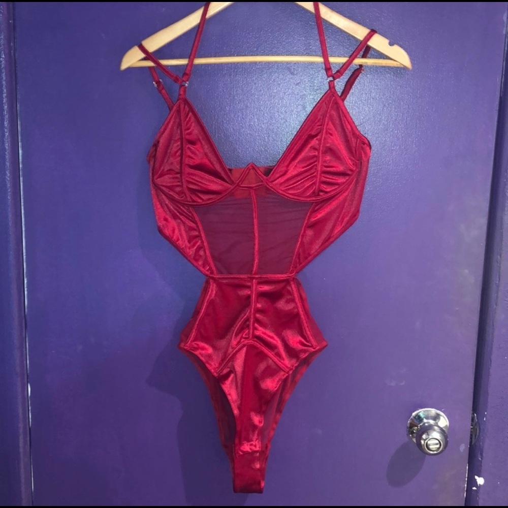 Red silky mesh bodysuit